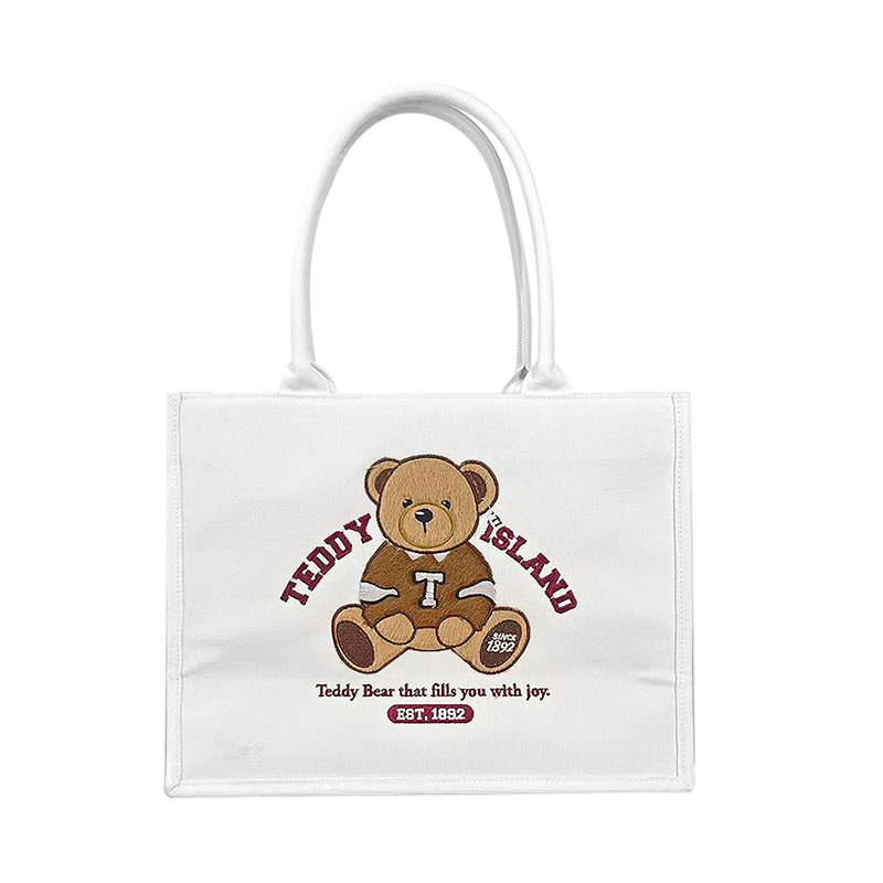 Teddy Island Plush Embroidery Bear Canvas Tote Bag
