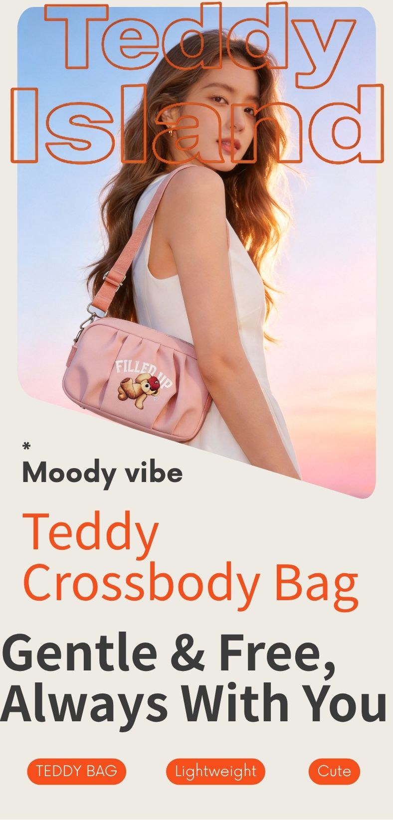 Pink Teddy crossbody bag with pleated front design, cartoon bear print, adjustable shoulder strap, lightweight structure, and casual daily style
