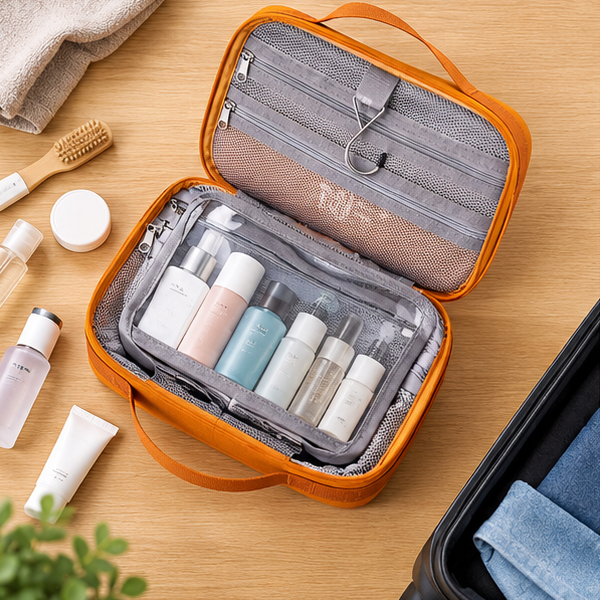 Travel Toiletry Organizer Bag opened with bottles, creams, and personal care items arranged in separate compartments.